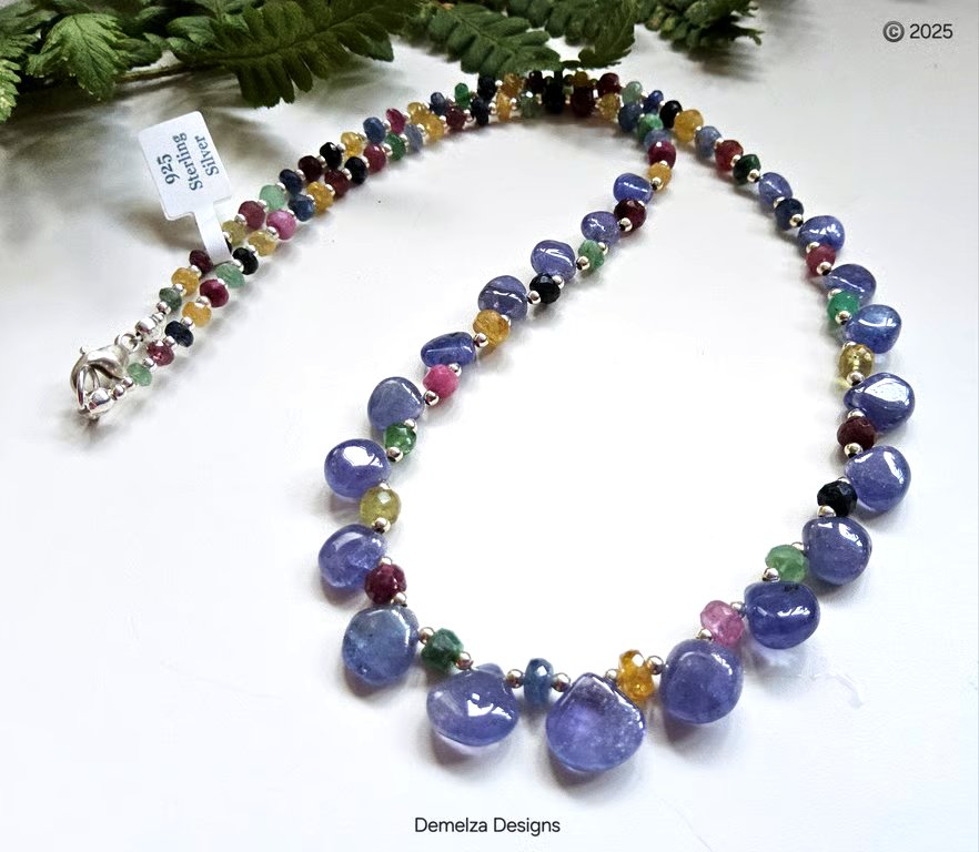 Designer AA Grade Tanzanite, Sapphire, Ruby, Emerald Sterling Silver Necklace