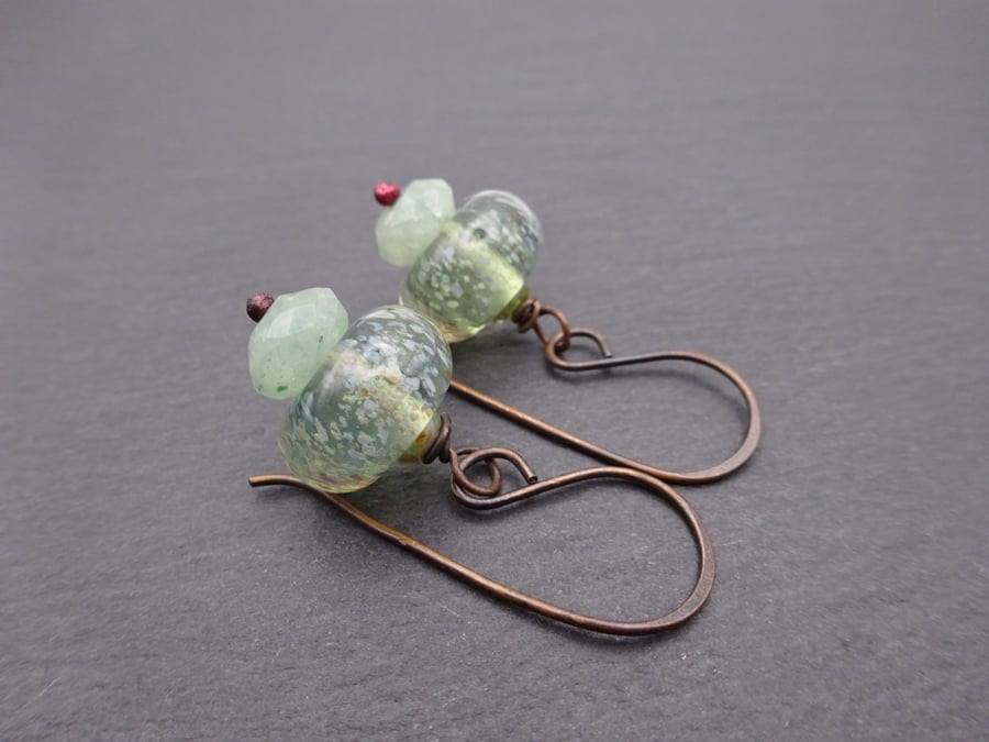 green lampwork glass earrings, copper jewellery
