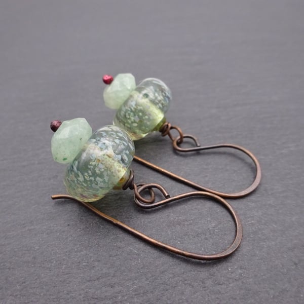 green lampwork glass earrings, copper jewellery