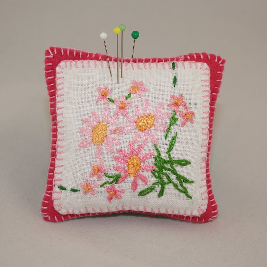Pin Cushion - pink daisies from vintage linen