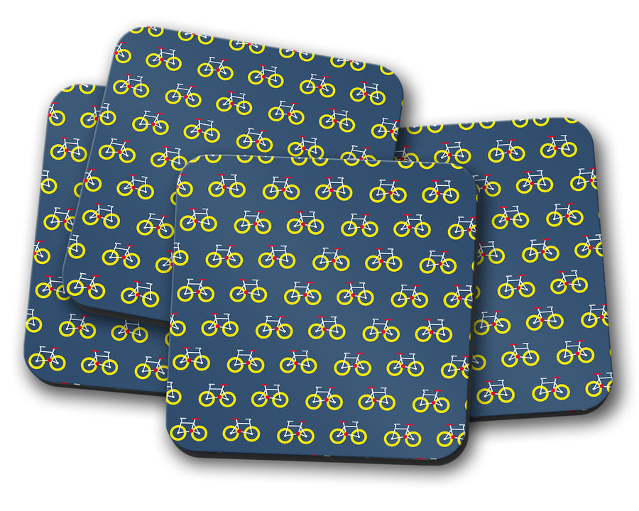 Set of 4 Coasters in Dark Blue with Bicycles, Drinks Mat