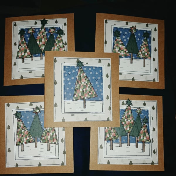 Quirky art whimsical handmade unique patchwork paper christmas trees cards 