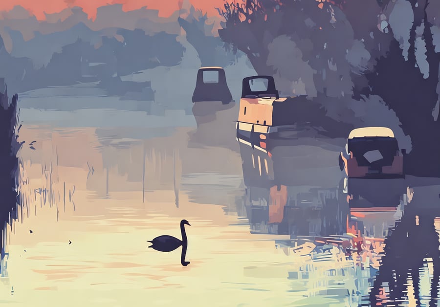 A4 Print Of Swan & Boats Nordelph Norfolk 