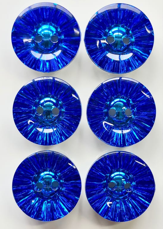 6 Crystal Style Dish Buttons, Blue, 13mm Wide, Sparkly, Acrylic, Silver Back