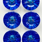 6 Crystal Style Dish Buttons, Blue, 13mm Wide, Sparkly, Acrylic, Silver Back