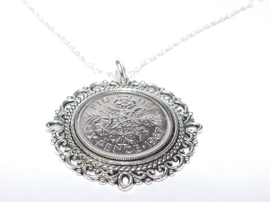 Fancy Pendant 1967 Lucky sixpence 57th Birthday plus a Sterling Silver 18in Chai