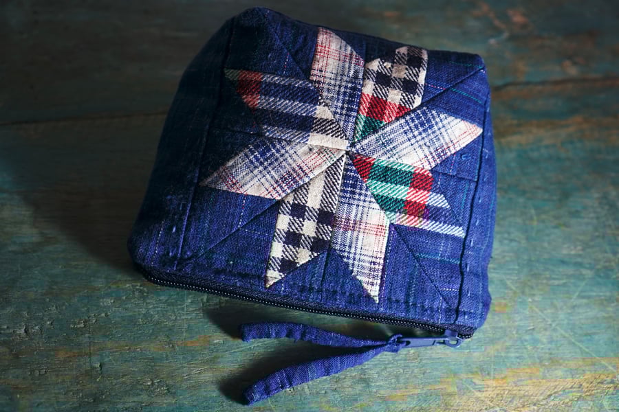 Indigo Star Patchwork Pouch, Handmade Zipper Pouch, Fabric Purse