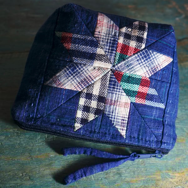 Indigo Star Patchwork Pouch, Handmade Zipper Pouch, Fabric Purse