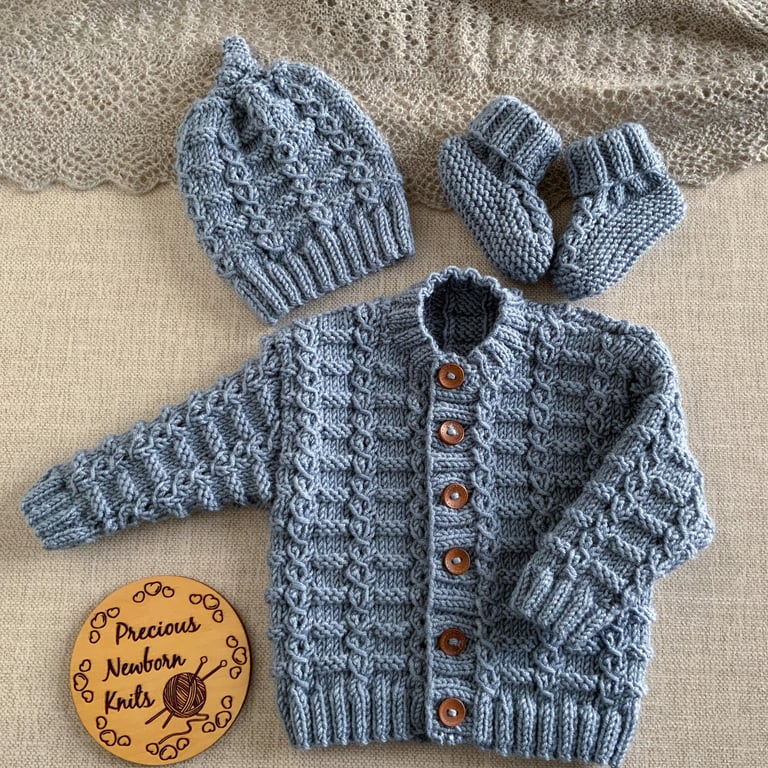 Hand Knitted Baby Cardigan Set – Denim Blue Hat & Booties 3–6 Months