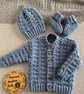 Hand Knitted Baby Cardigan Set – Denim Blue Hat & Booties 3–6 Months
