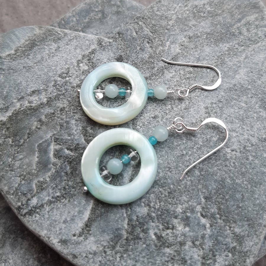 Mother Of Pearl Hoops Amazonite Sterling Silver Shell Earrings