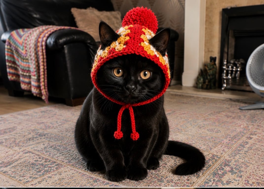 Handmade Crochet Cat Hat with Pom Pom - Granny Square Pet Hat
