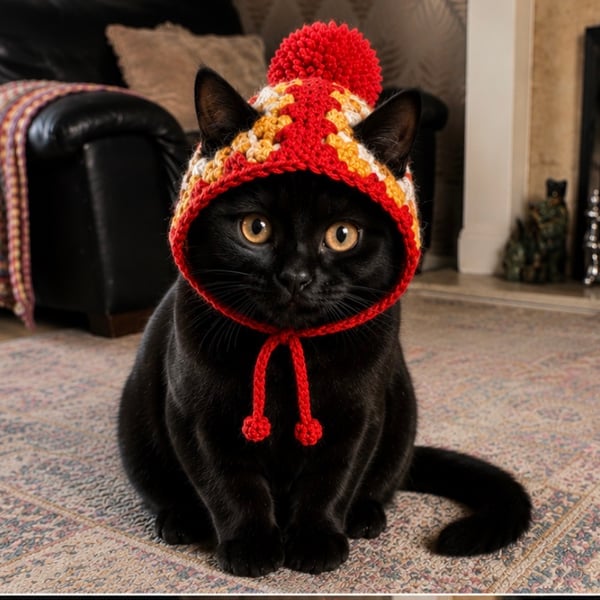Handmade Crochet Cat Hat with Pom Pom - Granny Square Pet Hat
