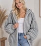 Ladies Super-chunky Hooded Hand-knitted Cardigan in Grey