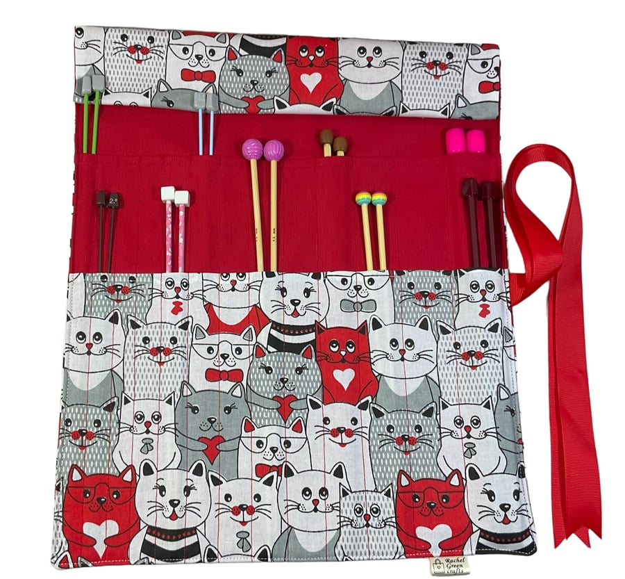 Straight knitting needle case with cats, needle roll, needle case, needle storag