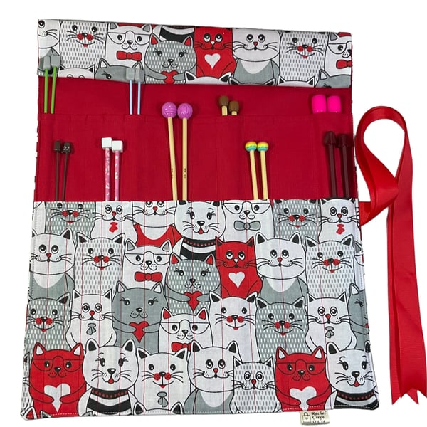 Straight knitting needle case with cats, needle roll, needle case, needle storag