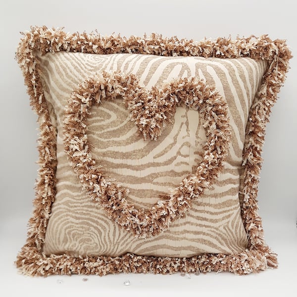 Love heart envelope 16"  cushion, cream and beige zebra effect. 