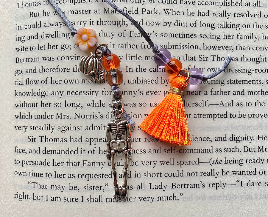 Skeleton Pumpkin Tasseled Book Lover Charm Bookmark
