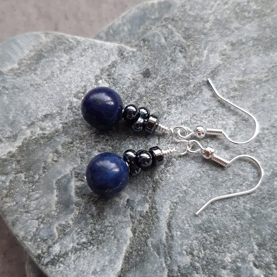 Lapis Lazuli and Glass Beads Silver Plated Drop Earrings Dangle Earrings