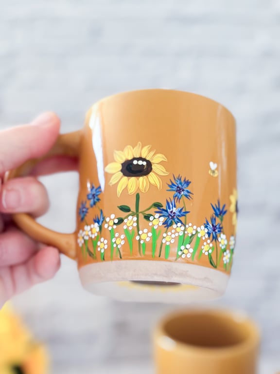 Yellow Mug Hand Painted with Sunflowers 