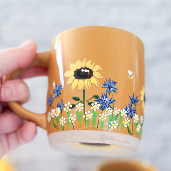Yellow Mug Hand Painted with Sunflowers 