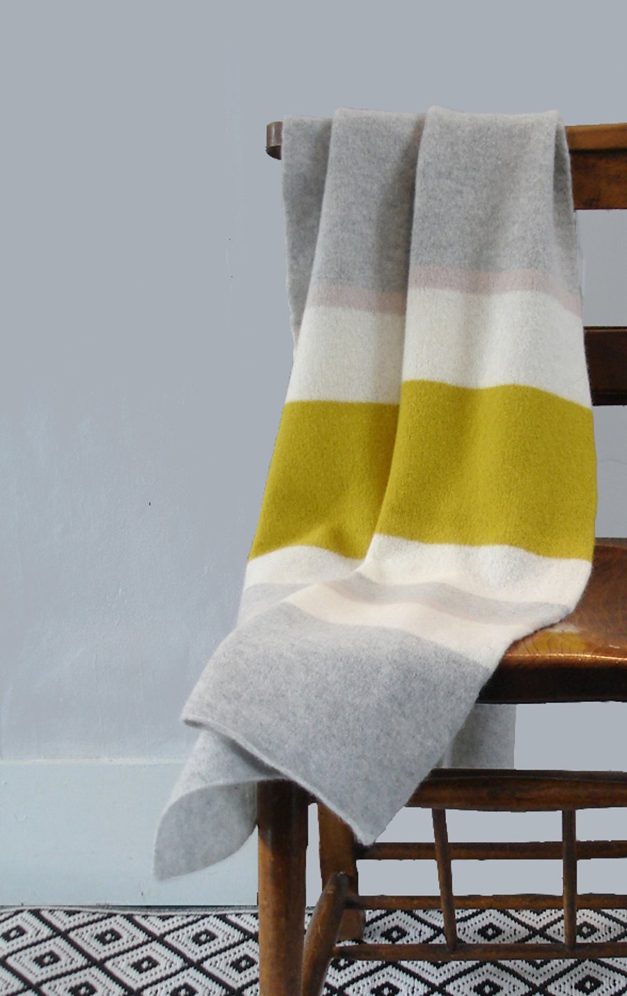 Throw blanket - runner - knitted in lambswool - yellow grey white putty stripe