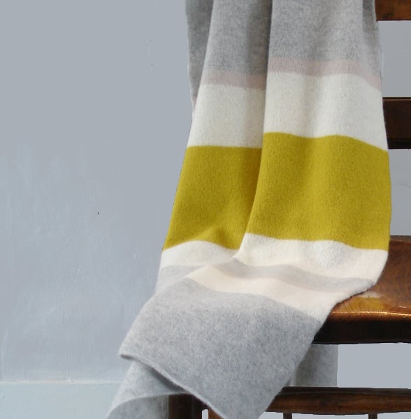 Throw blanket - runner - knitted in lambswool - yellow grey white putty stripe