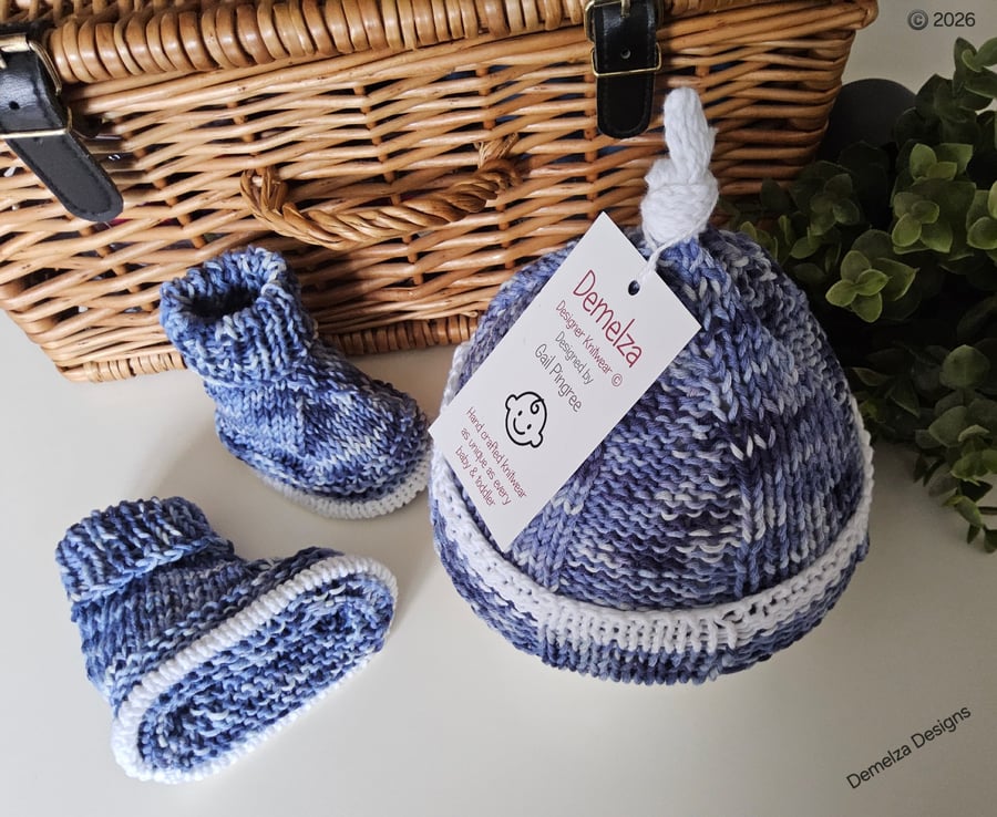 Designer Baby Boy's Pure Cotton Hat & Booties Set 0-3 months size