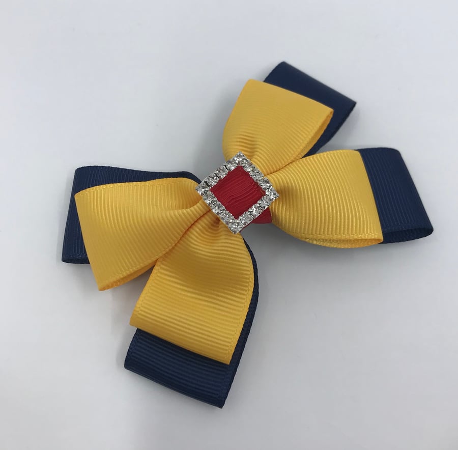 Navy, Yellow Gold and Red Double Layer Bow on Clip
