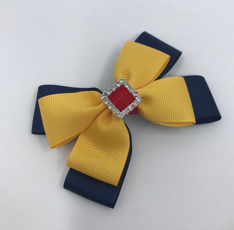 Navy, Yellow Gold and Red Double Layer Bow on Clip