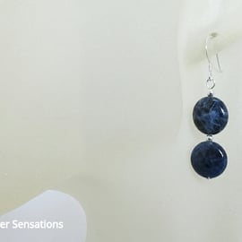 Navy Blue Sodalite Coin Earrings With Sterling Silver