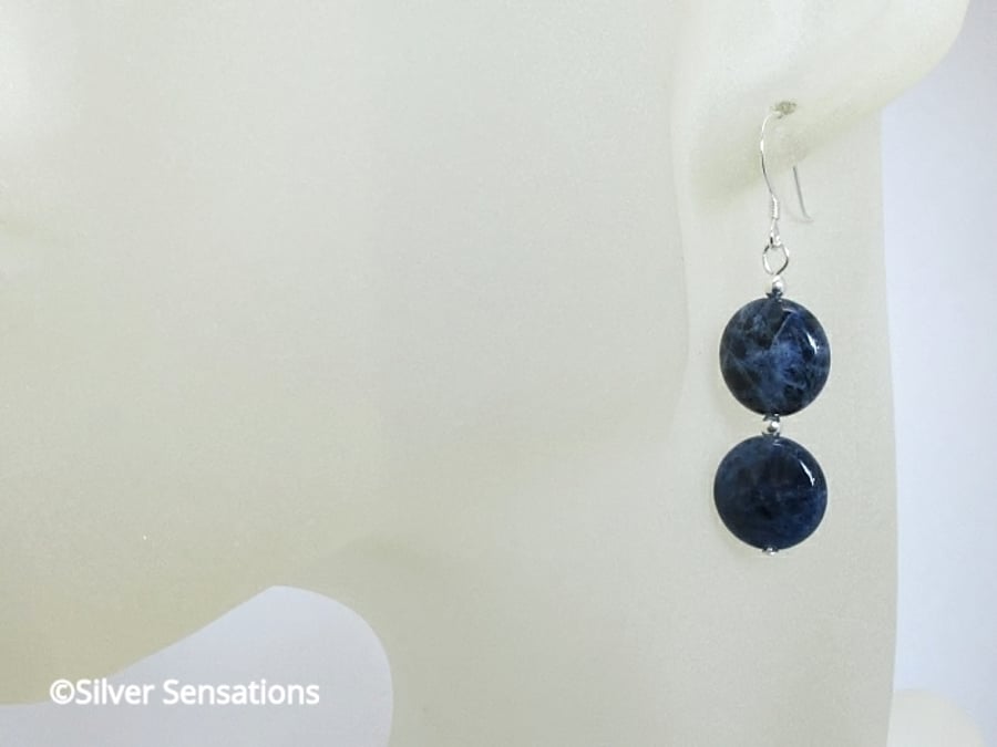 Navy Blue Sodalite Coin Earrings With Sterling Silver