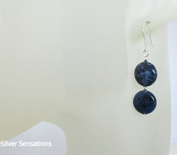 Navy Blue Sodalite Coin Earrings With Sterling Silver