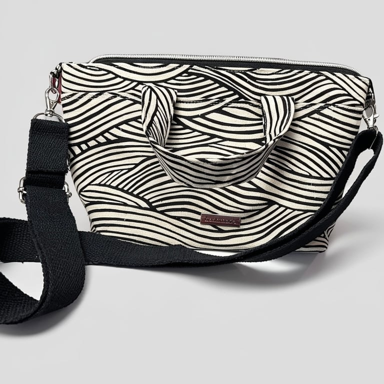 Bold black and cream wave print canvas tote bag