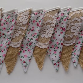 Hessian, Lace & Floral Fabric Wedding Bunting Garland Flags 1-3 m