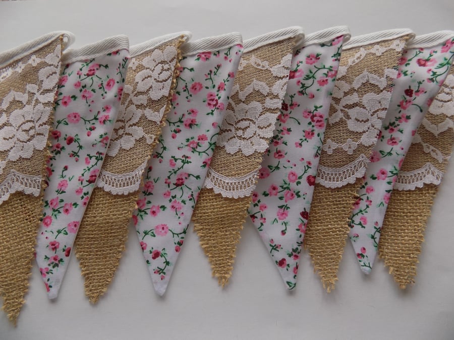 Hessian, Lace & Floral Fabric Wedding Bunting Garland Flags 1-3 m