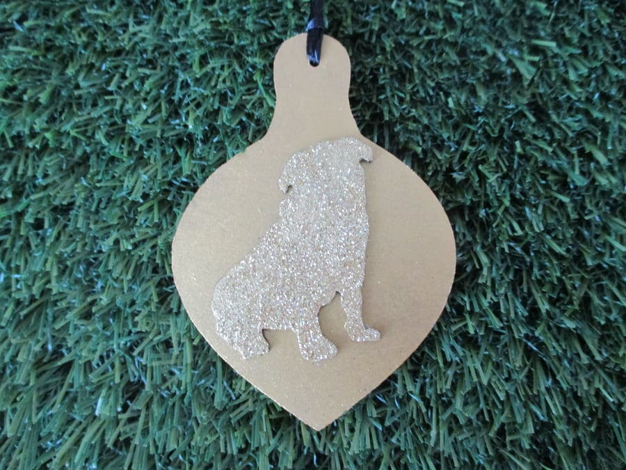 Pug Dog Christmas Tree Bauble Hanging Decoration Gold Glitter Twinkly 