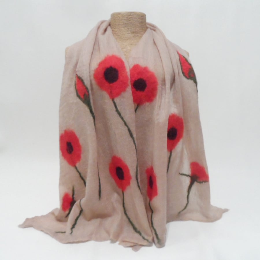 Mink coloured nuno felted scarf with poppy decoration