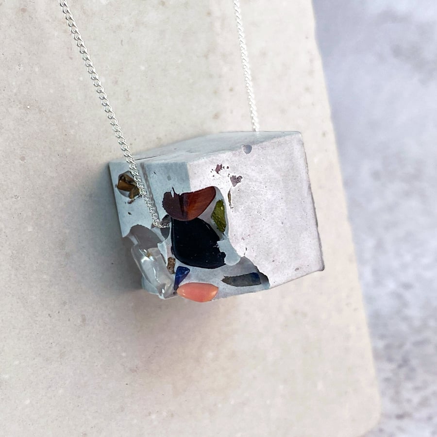 Sophisticated Handmade Resin Cube Necklace with Terrazzo Style - Distinctive Art