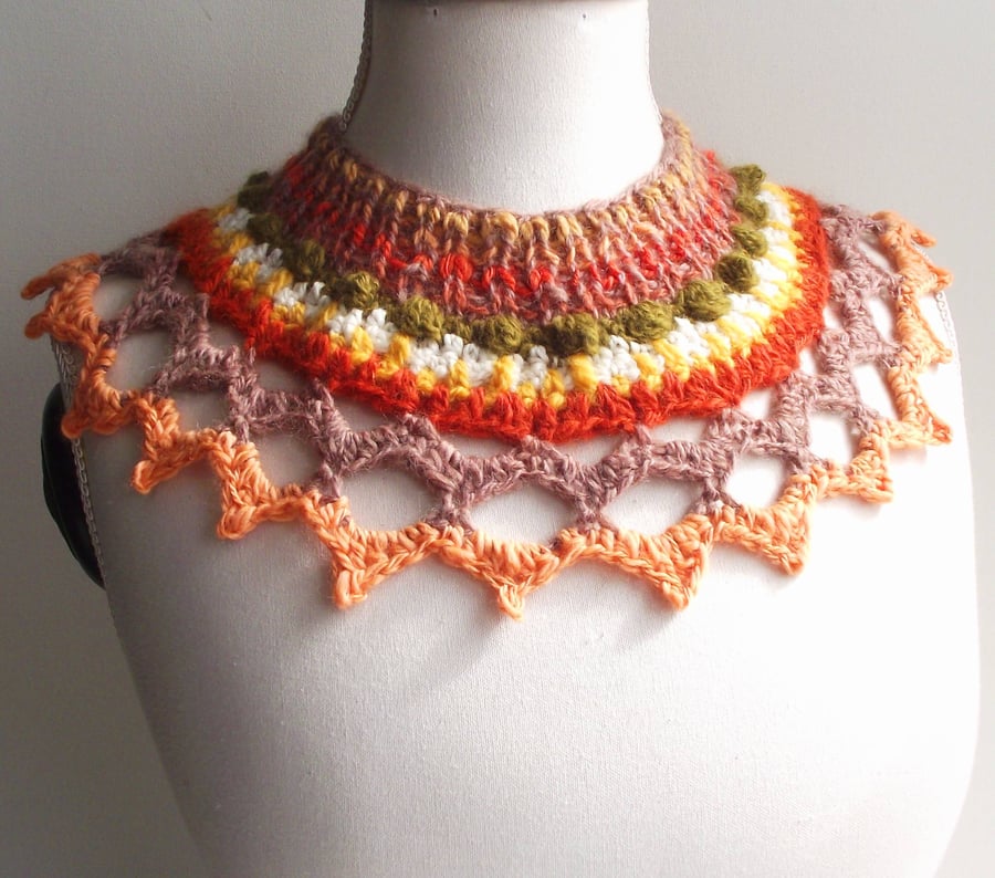 Freeform Collar, Yoke or Cowl.  Handspun Knit & Crochet Wool. Peach, Green, Fawn
