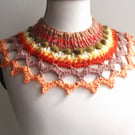 Freeform Collar, Yoke or Cowl.  Handspun Knit & Crochet Wool. Peach, Green, Fawn