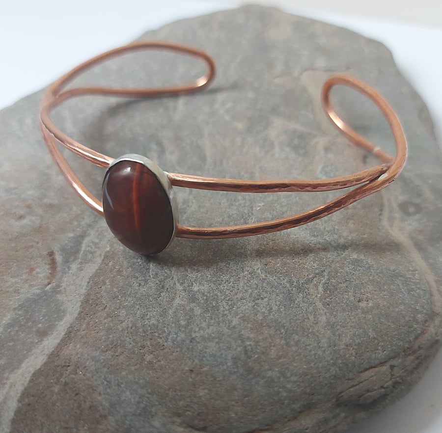 Hammered Copper Cuff Bangle with Tigers Eye Gemstone and Silver
