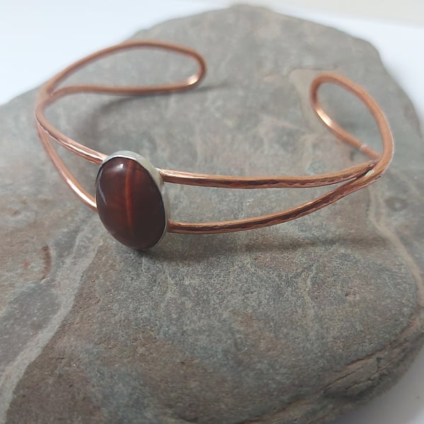 Hammered Copper Cuff Bangle with Tigers Eye Gemstone and Silver