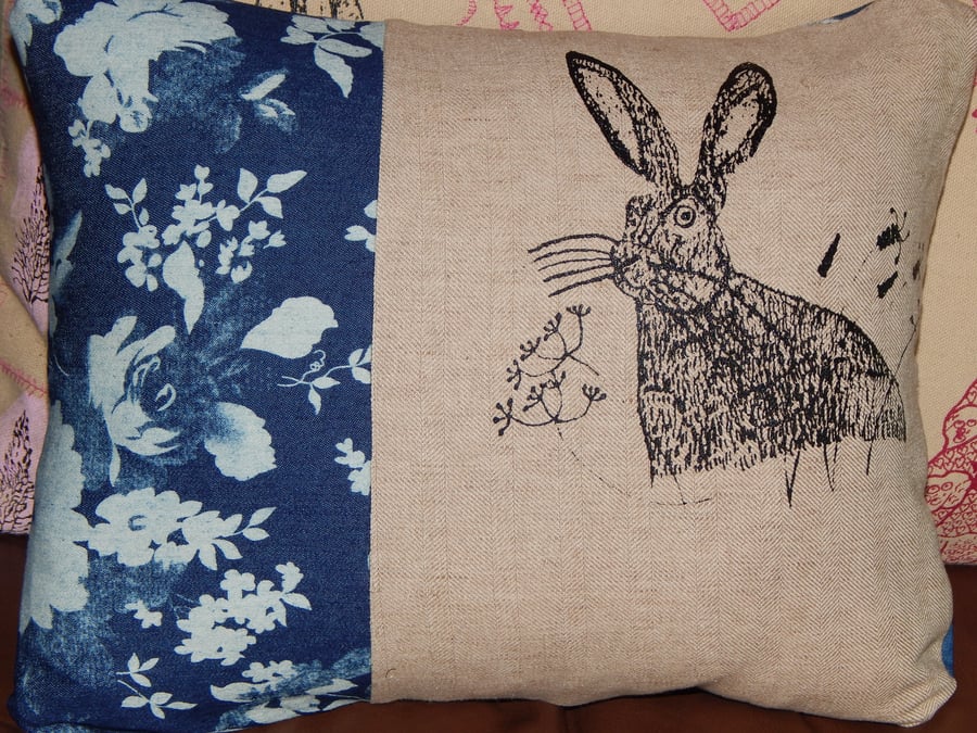 Hare and Wild Grasses - Screen printed cushion. 33cm x 26cm