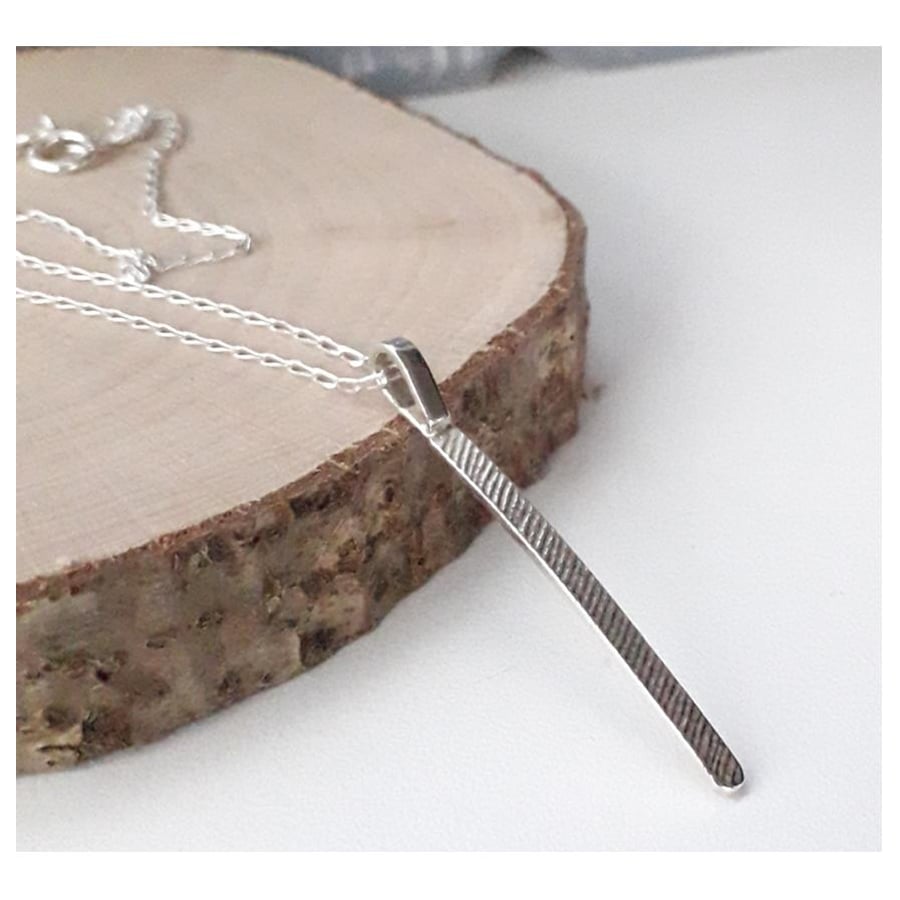 Sterling silver textured bar necklace , Hallmarked