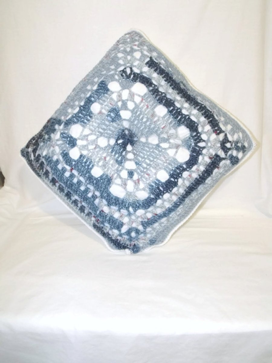 denim square crochet pillow, variegated blue crocheted cushion