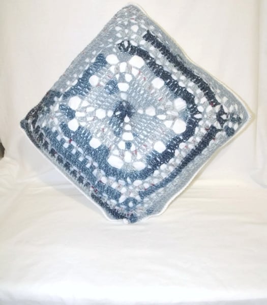 denim square crochet pillow, variegated blue crocheted cushion