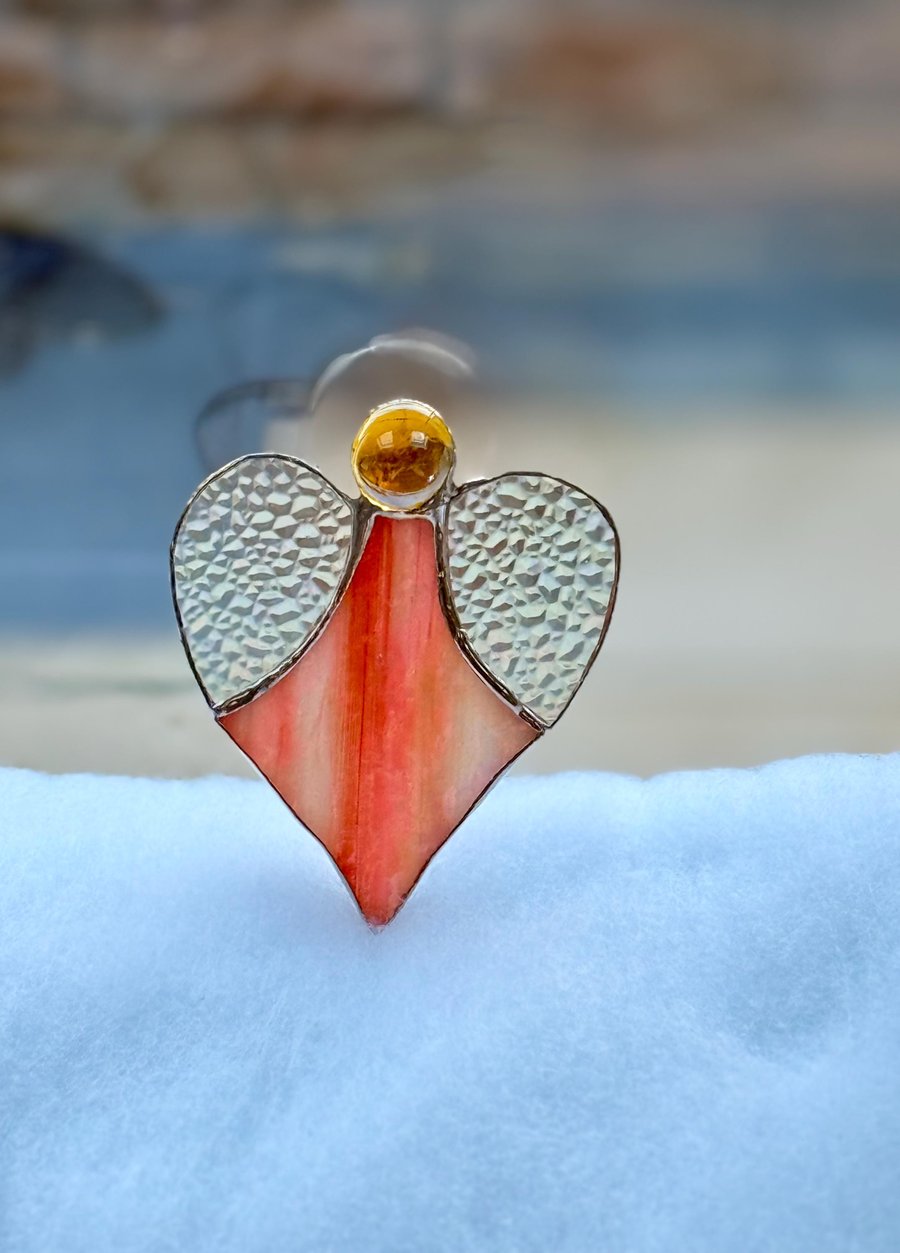 Stained Glass Heart Angel - orange sunset body and clear hammered glass wings