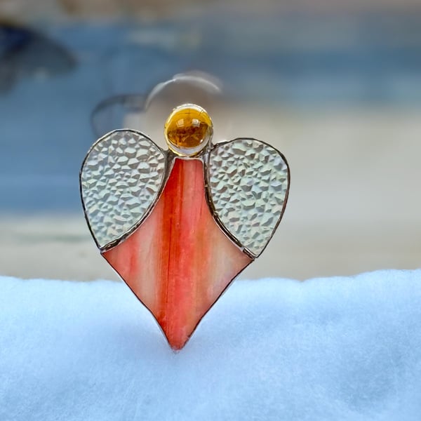 Stained Glass Heart Angel - orange sunset body and clear hammered glass wings