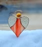 Stained Glass Heart Angel - orange sunset body and clear hammered glass wings